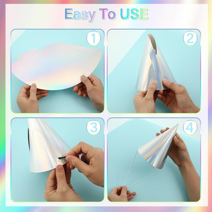 ZOIIWA 48 Pieces Iridescent Party Hats Rainbow Laser Themed Hat Birthday Party Cone Hats with Elastic String for Birthday Parties and Friend gatherings Rainbow Handmade Hat for Kids Baby Shower Boys