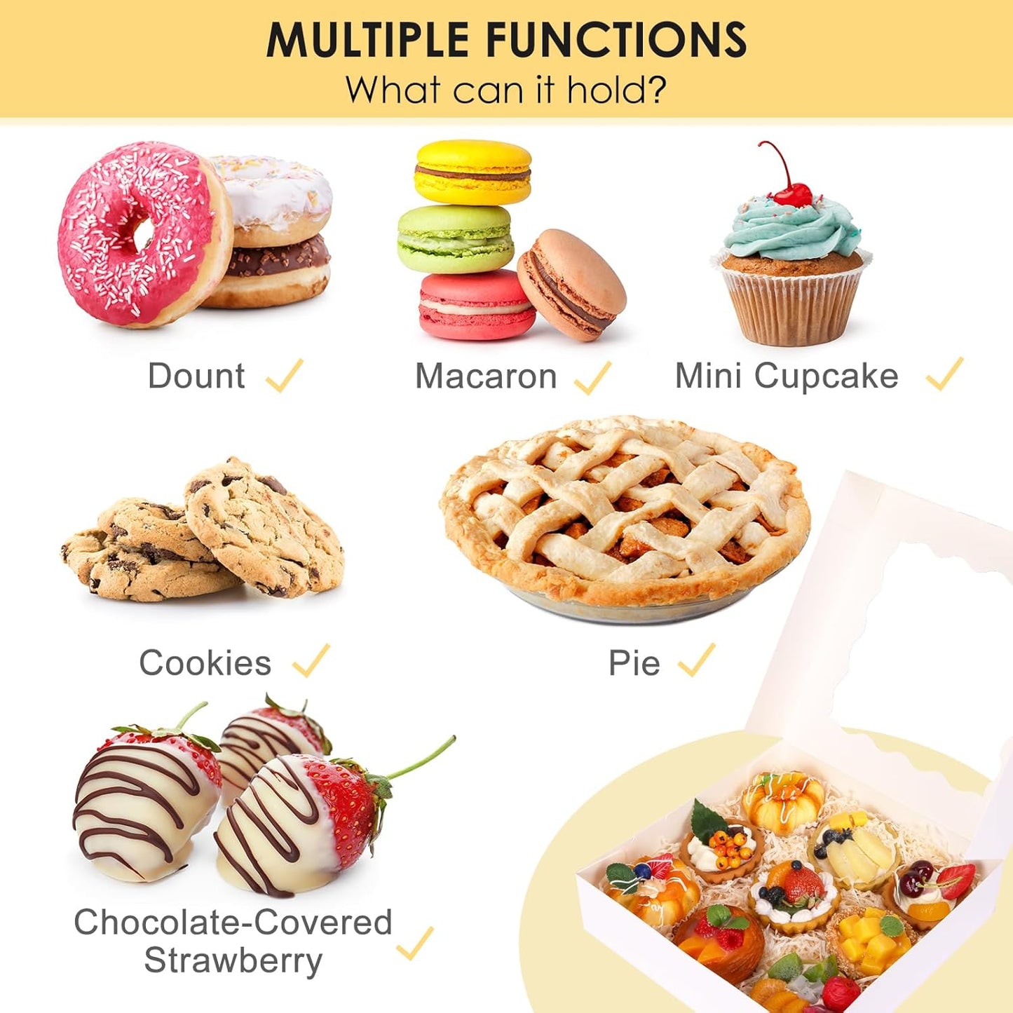 Moretoes 35pcs Bakery Boxes, 10x10x2.5 Inches Auto-Popup Cookie Boxes with Window for Pie, Cookie Cake, Treats, Pastries, Chocolate Covered Strawberries