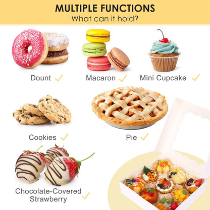 Moretoes 35pcs Bakery Boxes, 10x10x2.5 Inches Auto-Popup Cookie Boxes with Window for Pie, Cookie Cake, Treats, Pastries, Chocolate Covered Strawberries