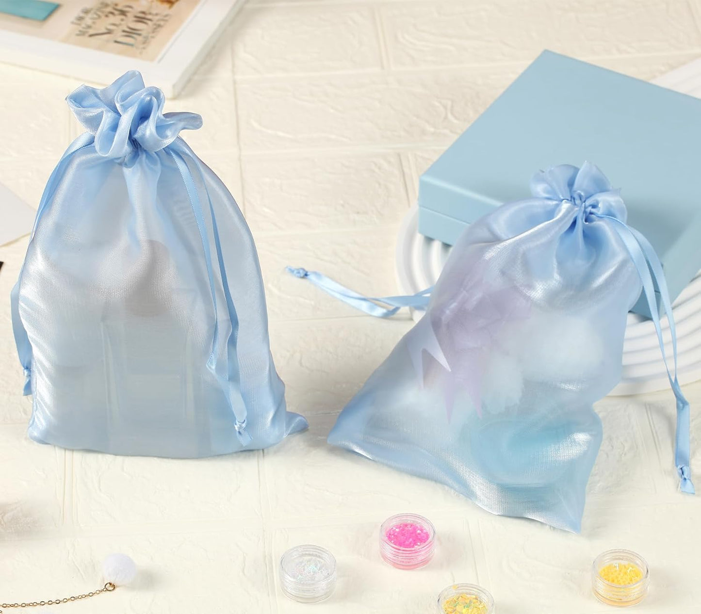 QIANF 20 Pcs Peacock Blue Small Organza Bags 3X4 inch for Wedding Favors with Drawstring, Mini Mesh Gift Bags Jewelry Pouch for Candy Bridal Shower Party Favor Baby Shower Christmas