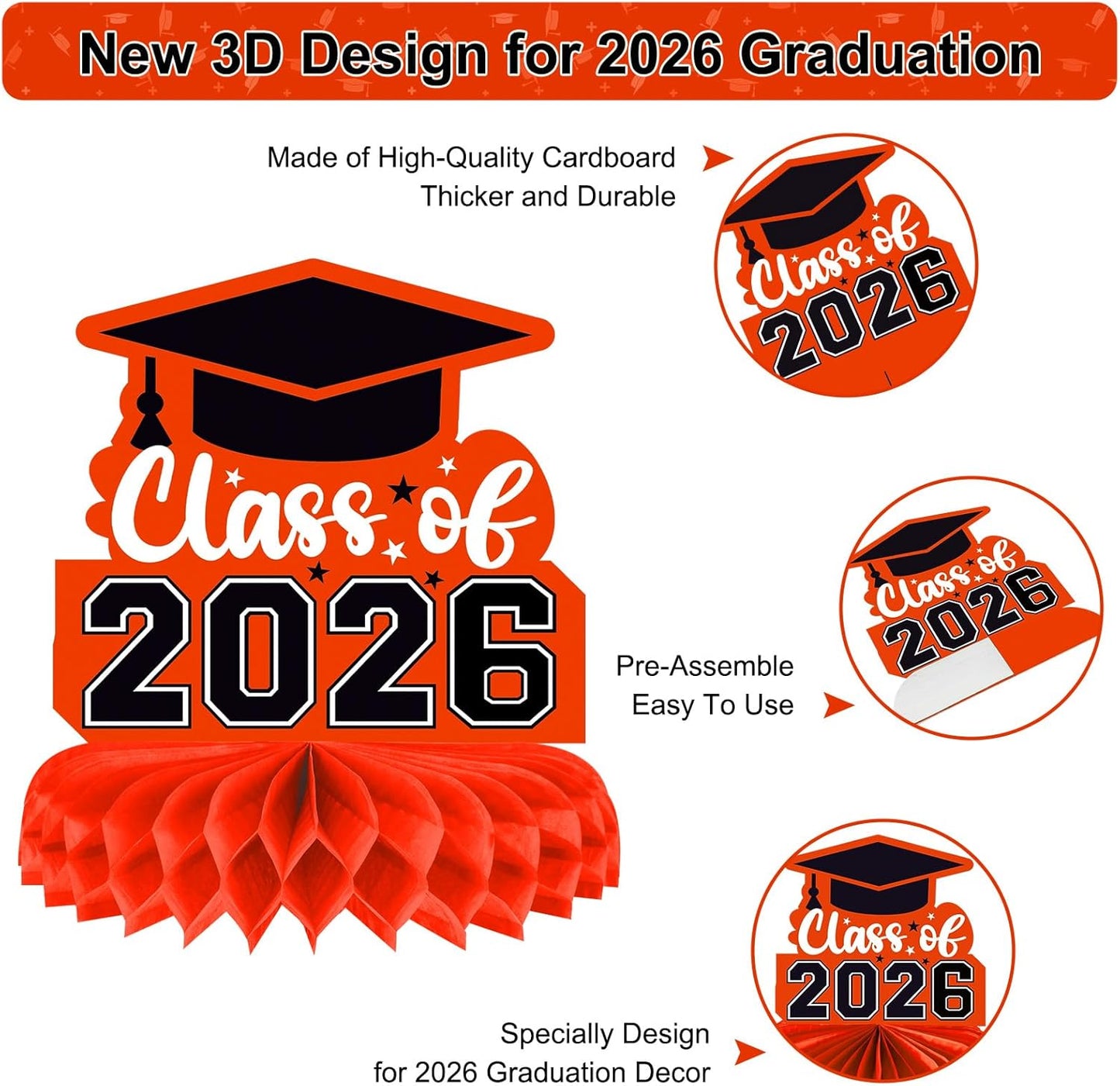 8 Pieces Class of 2026 Graduation Table Decorations - 2026 Congrats Grad Honeycomb Centerpieces, Red Black Graduation Table Toppers Decor for 2026 Graduation Party Decorations Favor Supplies