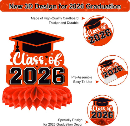 8 Pieces Class of 2026 Graduation Table Decorations - 2026 Congrats Grad Honeycomb Centerpieces, Red Black Graduation Table Toppers Decor for 2026 Graduation Party Decorations Favor Supplies
