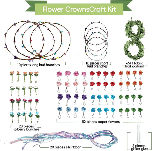EggSun Flower Crown Making Kit for Girls Kids Gift Tea Party Spring Craft Bracelet DIY Fairy Flower Crown Kit Kids Birthday Party Floral Hair Arts Crafts Spring Easter Gift for Girls 5 6 7 12 Year Old