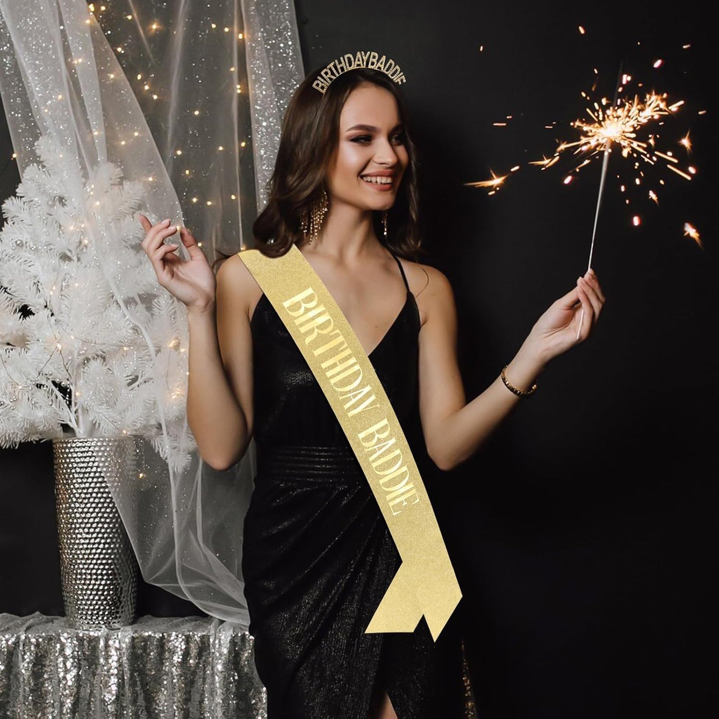 Aprince Birthday Baddie Sash and Tiara Crown for Women Girls Black Gold Happy Birthday Headband Accessiores Party Decorations