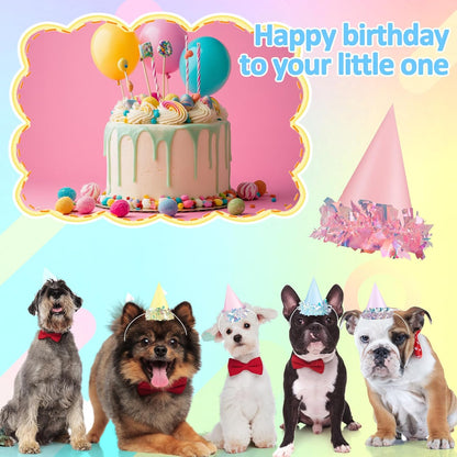 24 Pcs Iridescent Foil Pastel Mini Party Hats for Dog Cat Birthday Party Supplies Pastel Rainbow Small Puppy Birthday Hats Colorful Paper Cone Caps for Dolls Animals Pets Grooming Costume Accessories