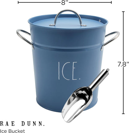 Rae Dunn Ice Bucket with Scoop - Stainless Steel Bucket with Handle, Lid and Ice Scooper - 4 Qt. Storage Bin for Ice Cubes for Bars, Parties, Backyard Barbeques, Picnics, and Camping (Sage)
