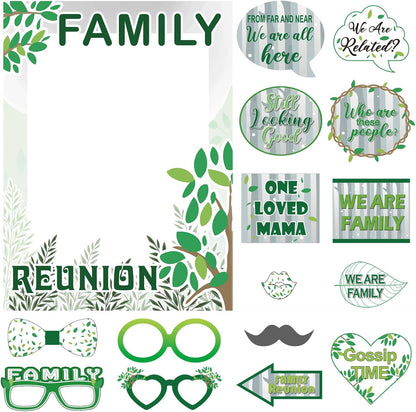 Beeveer 49 Pcs Green Family Tree Photo Booth Props Family Reunion Decorations Gathering Party Photo Booth Picture Frame and Props Happiness Selfie Favors for Home Party Supplies