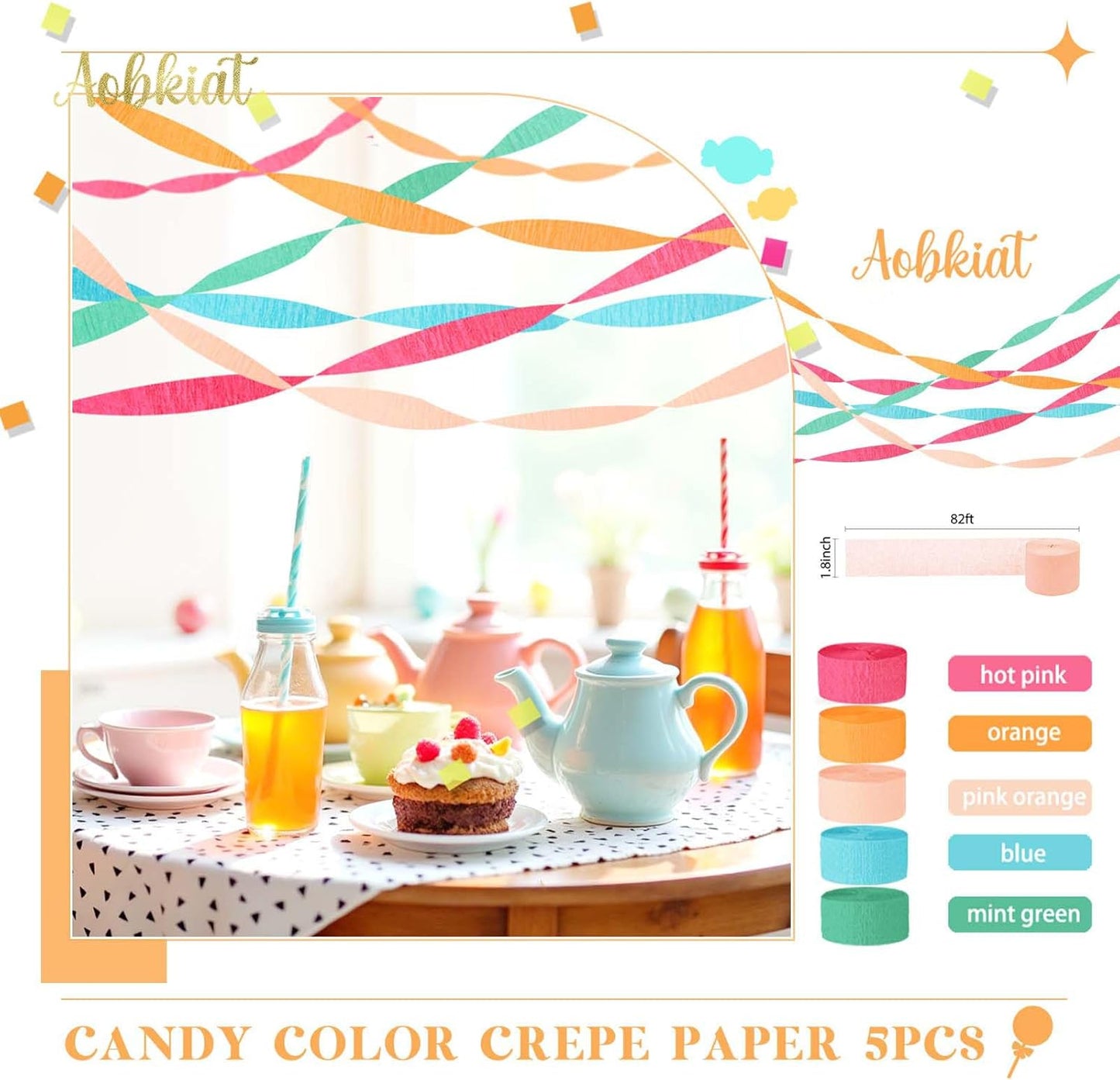 AOBKIAT Colorful Streamers Party Decorations,5 Rolls Vintage Rainbow Crepe Paper Streamers for Birthday,Candyland Theme Baby Shower,Fiesta,Wedding,Christmas,DIY Craft Crepe Paper,1.8 Inch x 82 Ft/Roll
