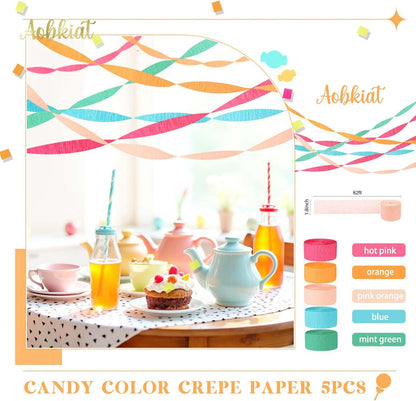 AOBKIAT Colorful Streamers Party Decorations,5 Rolls Vintage Rainbow Crepe Paper Streamers for Birthday,Candyland Theme Baby Shower,Fiesta,Wedding,Christmas,DIY Craft Crepe Paper,1.8 Inch x 82 Ft/Roll