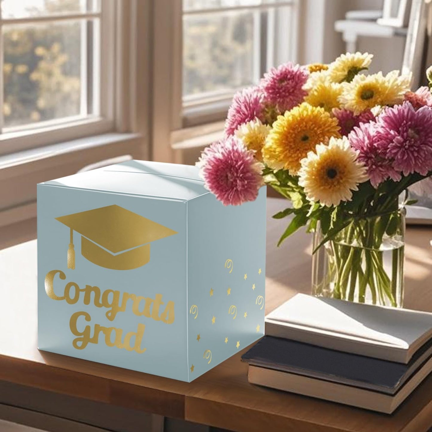 Graduation Card Box Holder, Congrats Grad Foldable Cardboard Decorations Box for Graduation Party Decoration and Grad Parties (Black)