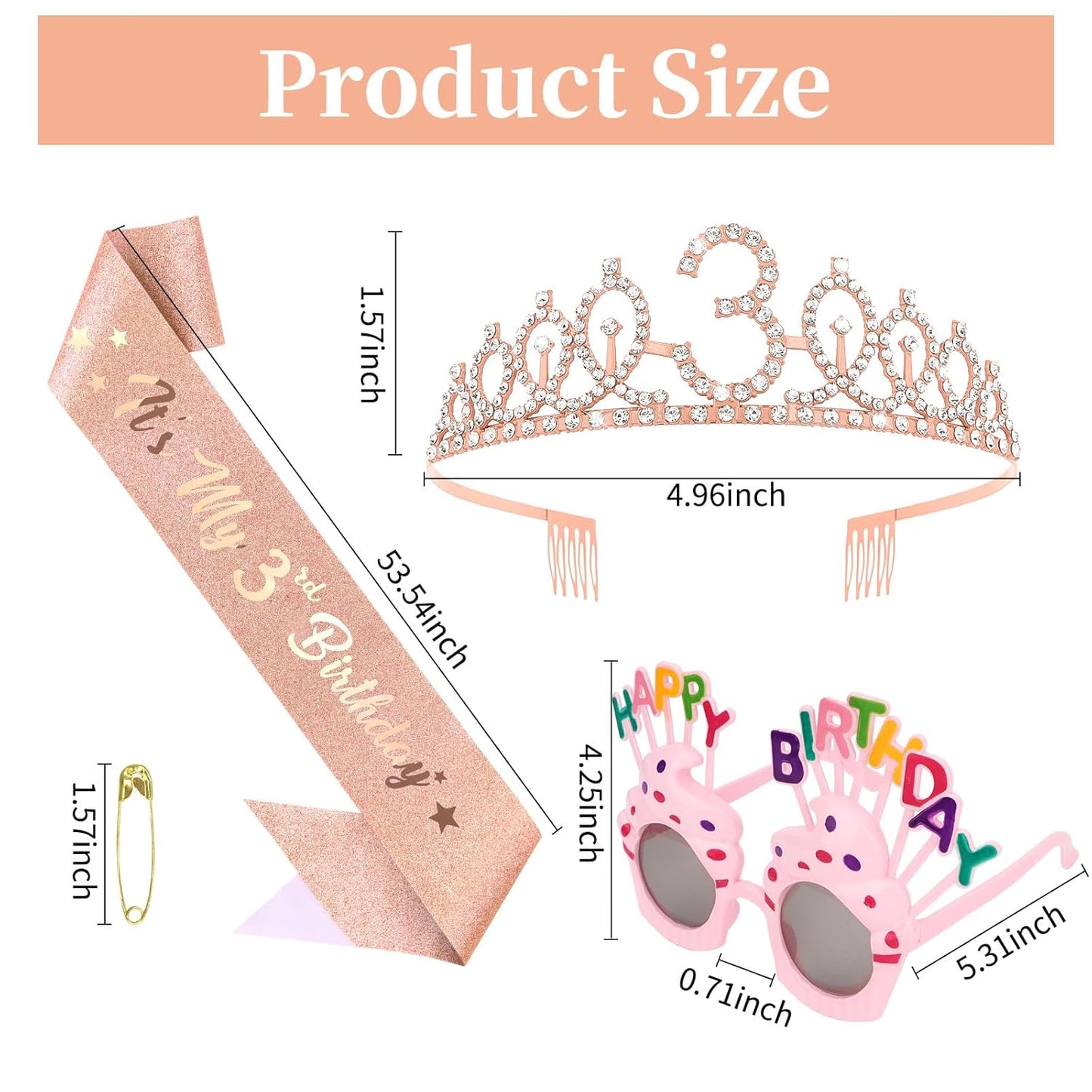 YARIEW 3rd Birthday Decorations, 3rd Glitter Purple Sash and Crown Kit with Happy Birthday Sunglasses, Tiara Princess Crown and Sash Party Outfit Accessory