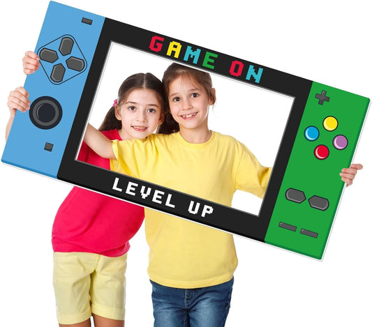 31.5 x 15.9 Inch Video Game Photo Booth Props Gaming Party Supplies Game on Selfie Frame Handheld Birthday Decoration Gaming Console Corrugated Plastic Picture Frame Gamer Fan Favors for Boys & Girls