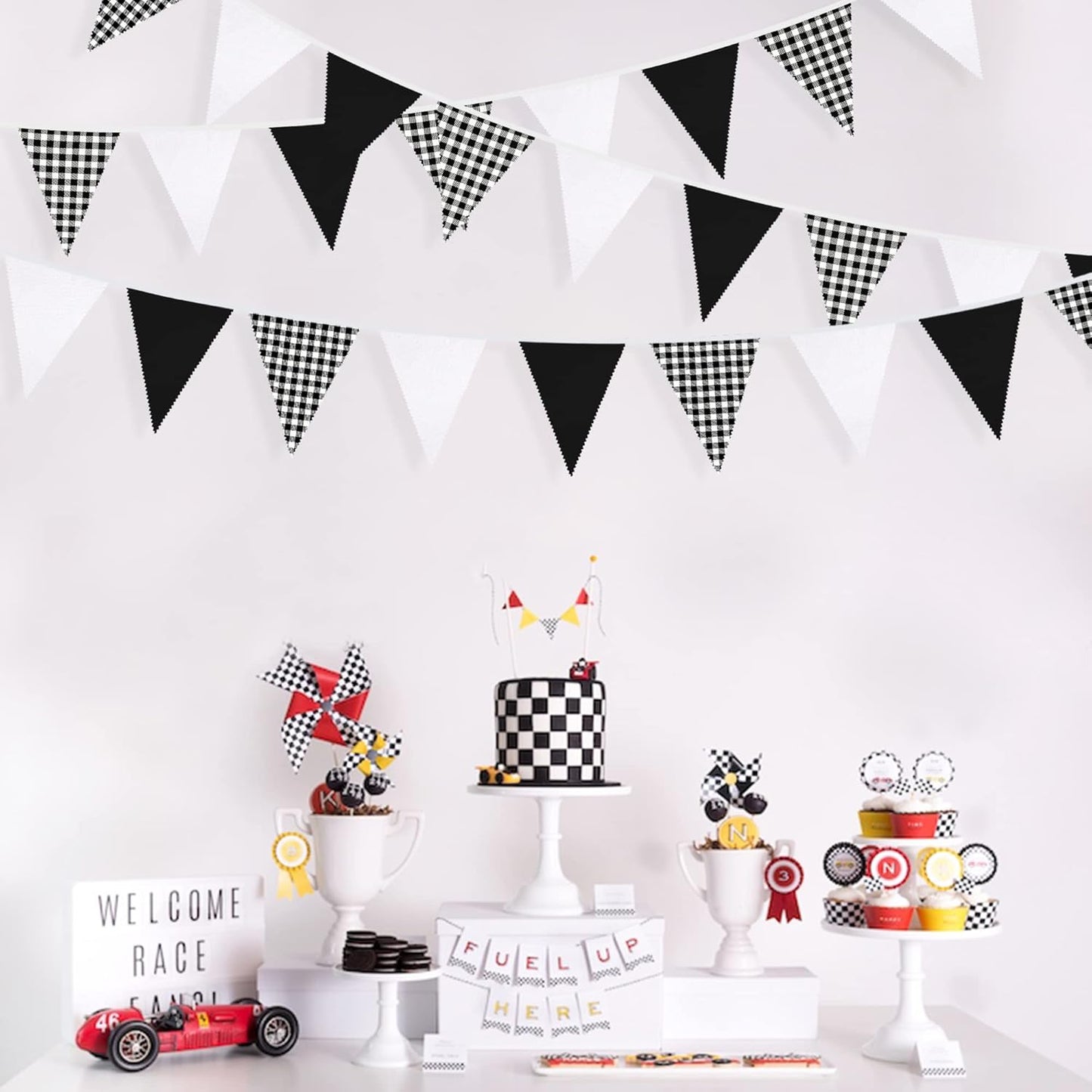 32Ft Dusty Blue Party Decorations Retro Blue Gingham Triangle Banner Flag Pennant Fabric Garland Streamers for Nautical Wedding Birthday Ahoy Achor Bridal Baby Shower Under The Sea Decor Supplies