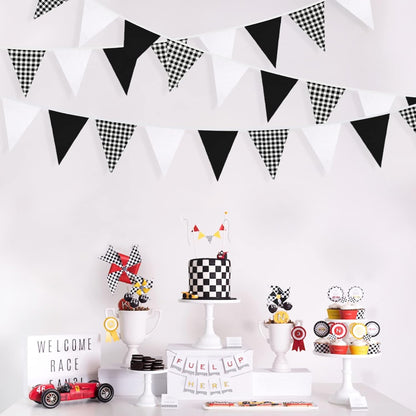 32Ft Dusty Blue Party Decorations Retro Blue Gingham Triangle Banner Flag Pennant Fabric Garland Streamers for Nautical Wedding Birthday Ahoy Achor Bridal Baby Shower Under The Sea Decor Supplies