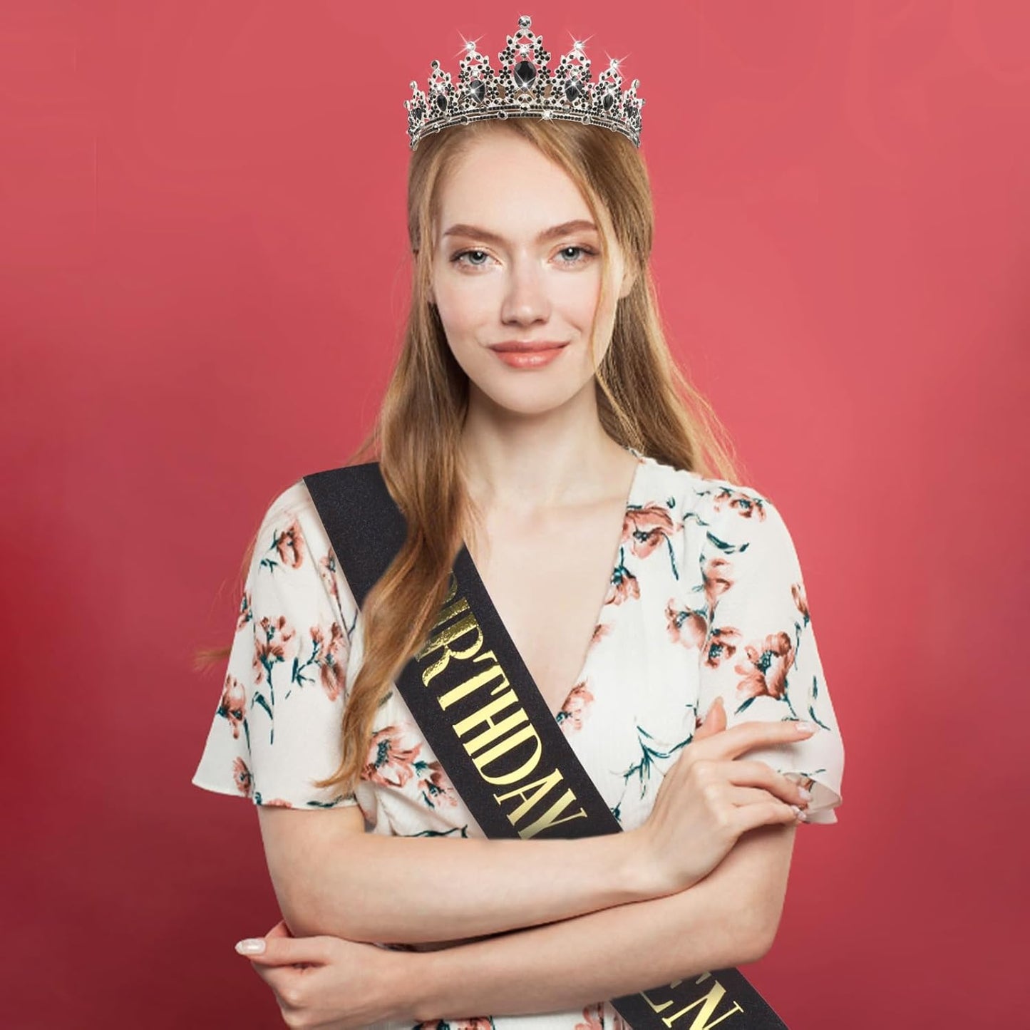 CAVETEE Red Black Birthday Crown and Sash for Women Sash & Rhinestone Tiara Set Red and Black Party Decorations Birthday Queen Crowns Tiaras for Women