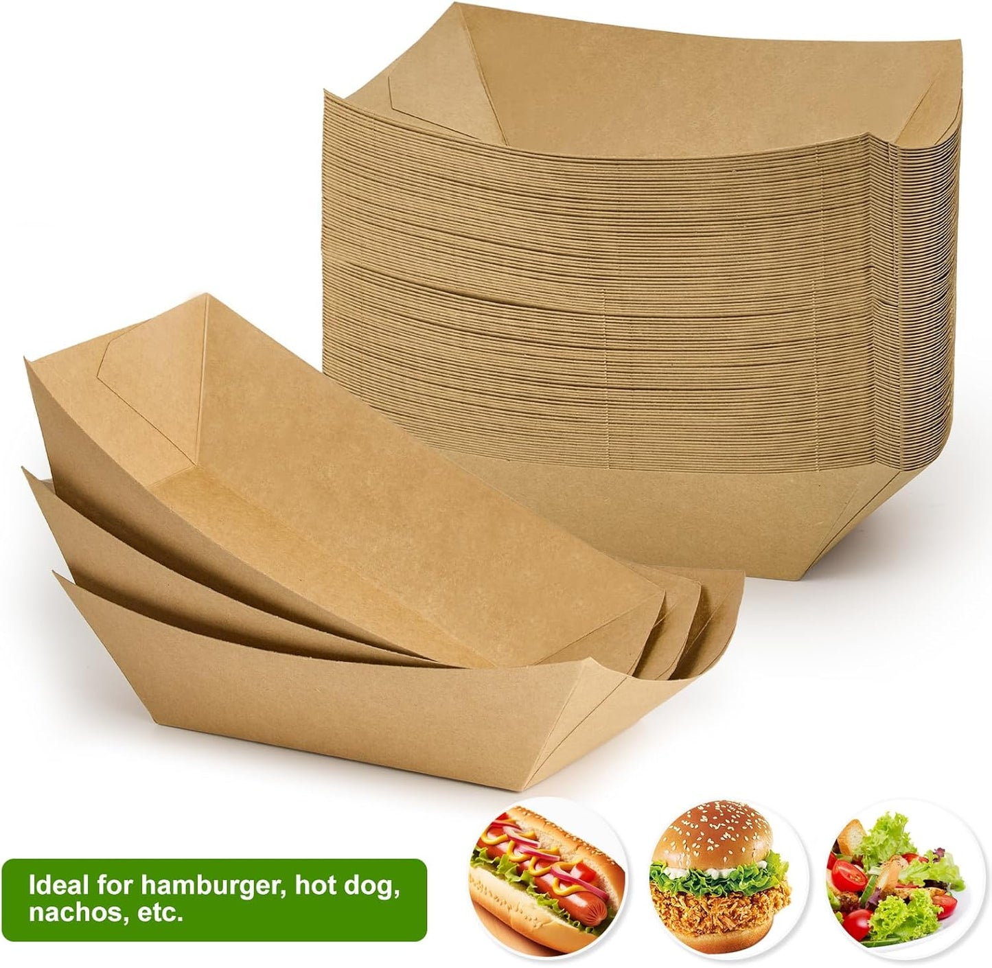 Ocmoiy 1lb Paper Food Trays, 100 Pack Heavy Duty Kraft Food Boats Holders Disposable Serving Basket Trays for Nachos, Fries, BBQ, Festivals, Party