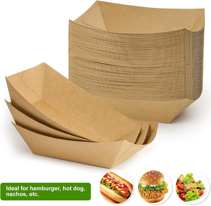 Ocmoiy 1lb Paper Food Trays, 100 Pack Heavy Duty Kraft Food Boats Holders Disposable Serving Basket Trays for Nachos, Fries, BBQ, Festivals, Party
