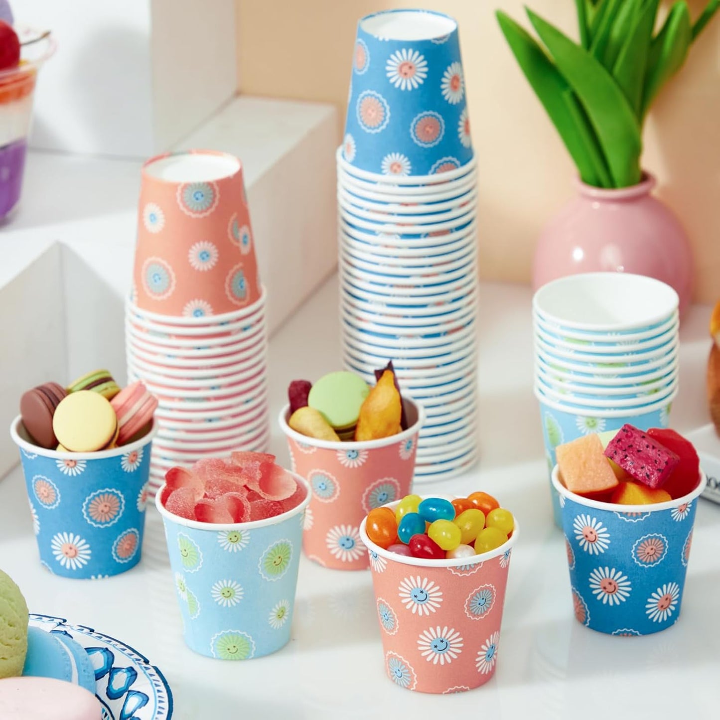 SIUQ 300 Pack Paper Cups 8 oz, Disposable Coffee Cups, Paper Coffee Cups 8 oz, Colourful Hot/Cold Beverage Drinking Cup for Water Juice or Tea, Office Party Home Travel - Daisy