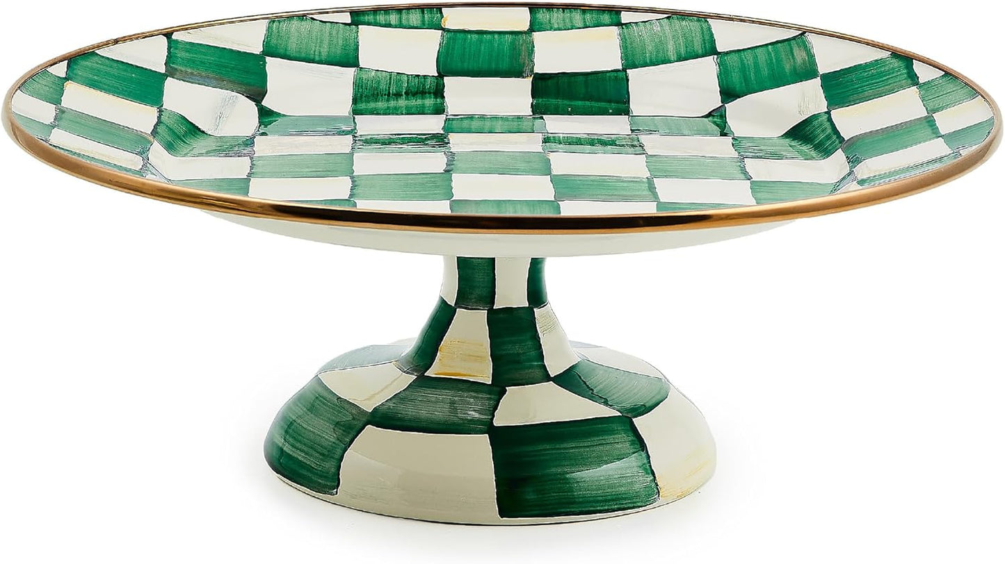 MACKENZIE-CHILDS Enamel Pedestal Platter, Round Cake Stand, Large, Black-and-White Courtly Check