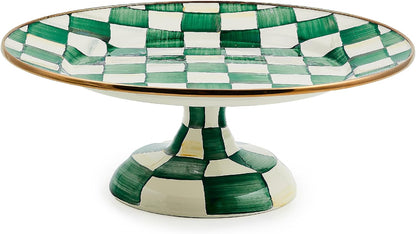 MACKENZIE-CHILDS Enamel Pedestal Platter, Round Cake Stand, Large, Black-and-White Courtly Check