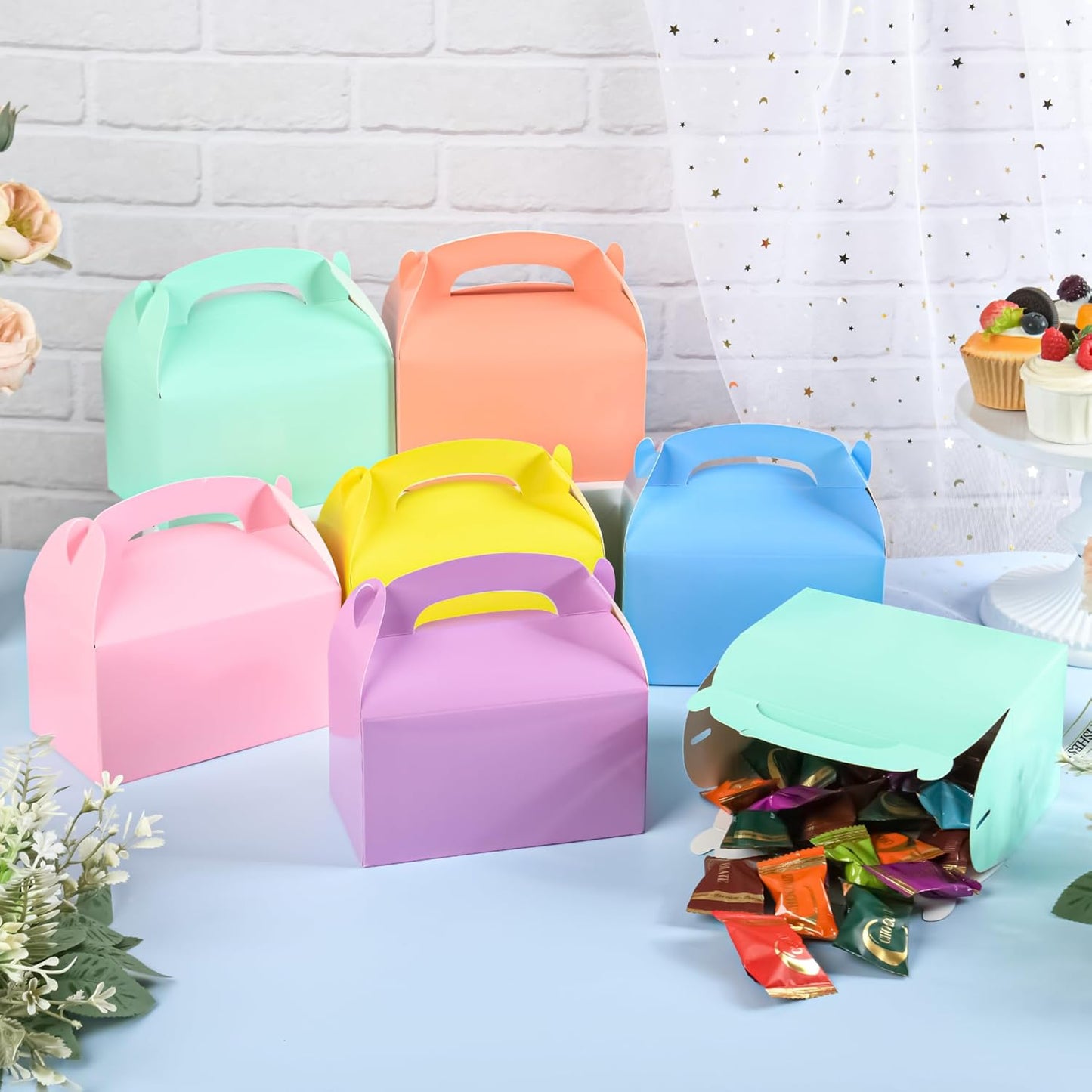DjinnGlory 36 Pack White Party Favor Treat Boxes with Handle, DIY Paper Boxes for Baby Shower, Birthday, All Occasion, Small Gable Boxes for Small Business 6.18 x 3.58 x 3.38 Inches