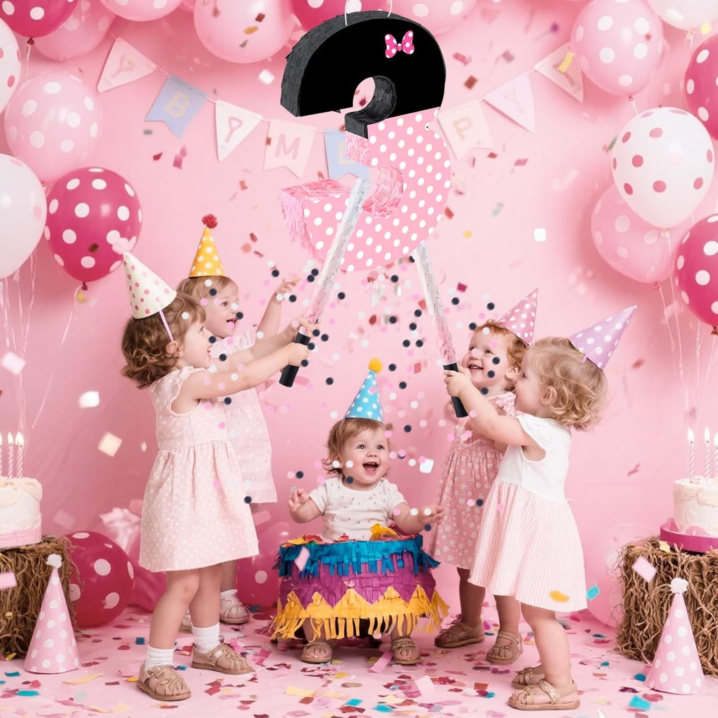 15.7 x 11.5 x 3 Inch Pink Bow Number 2 Pinata,Pink Bow Birthday Decorations, Fillable Hanging Piñata with Stick Blindfold Confetti for Girls Boys 2nd Anniversary Party Decorations