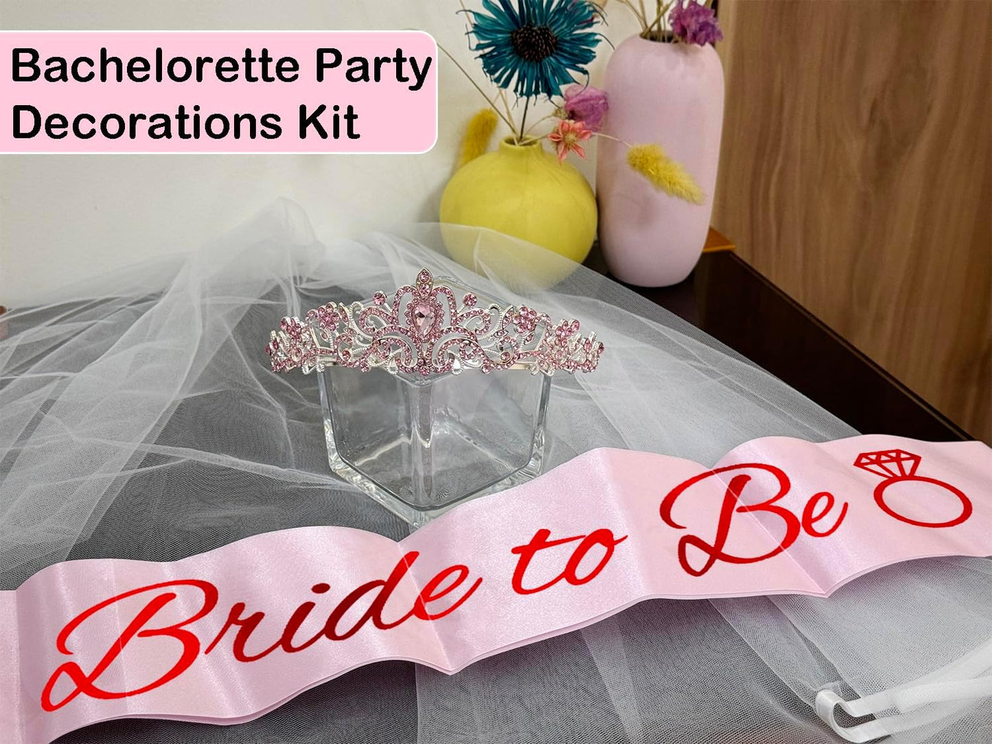 JETKONG 3 Pcs Bachelorette Party Decorations Bridal Shower Crown, Bride to Be Sash&Veil for Women Bachelorette Party Gifts, Bachelorette Party Supplies, Gifts, Favors (Rose Gold)