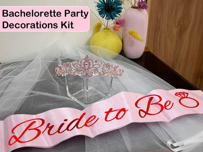 JETKONG 3 Pcs Bachelorette Party Decorations Bridal Shower Crown, Bride to Be Sash&Veil for Women Bachelorette Party Gifts, Bachelorette Party Supplies, Gifts, Favors (Rose Gold)