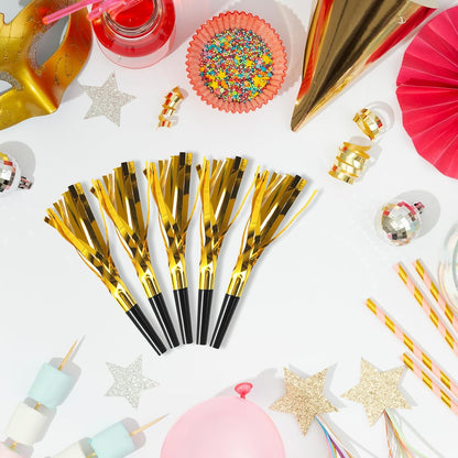 24 Pcs Gold Noise Makers Glitter Party Blowers, Noise Makers for Sporting Events Metallic Fringed Party Horns Birthday Wedding Gathering Baby Shower Graduation New Years Decorations 2026 Favor