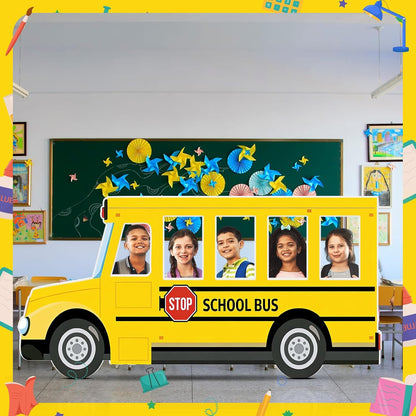 6.6 Feet School Bus Photo Prop Cardboard Cutout Selfie Frame Life Size Graduation Party Decor End of Year Photo Booth Stand Up Welcome Back Party Backdrop for Students Teacher Classroom Decoration