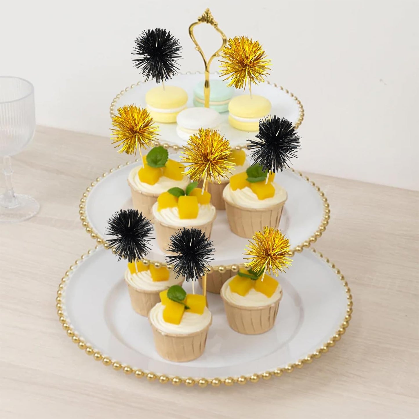 Ephlyn 30Pcs Foil Firework Cupcake Toppers Sparkle Tinsel Cupcake Picks Drink Stirrers Cocktail Food Fruit Toothpicks for Baby Shower Graduation Party Supplies White