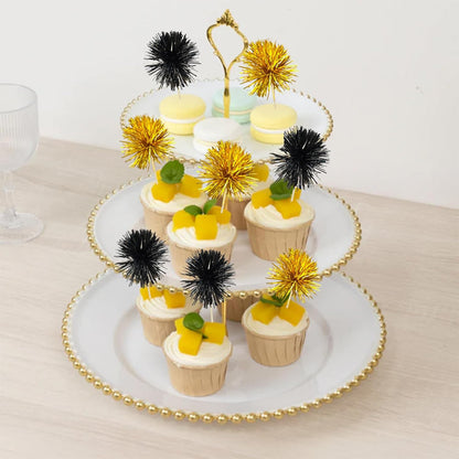 Ephlyn 30Pcs Foil Firework Cupcake Toppers Sparkle Tinsel Cupcake Picks Drink Stirrers Cocktail Food Fruit Toothpicks for Baby Shower Graduation Party Supplies White