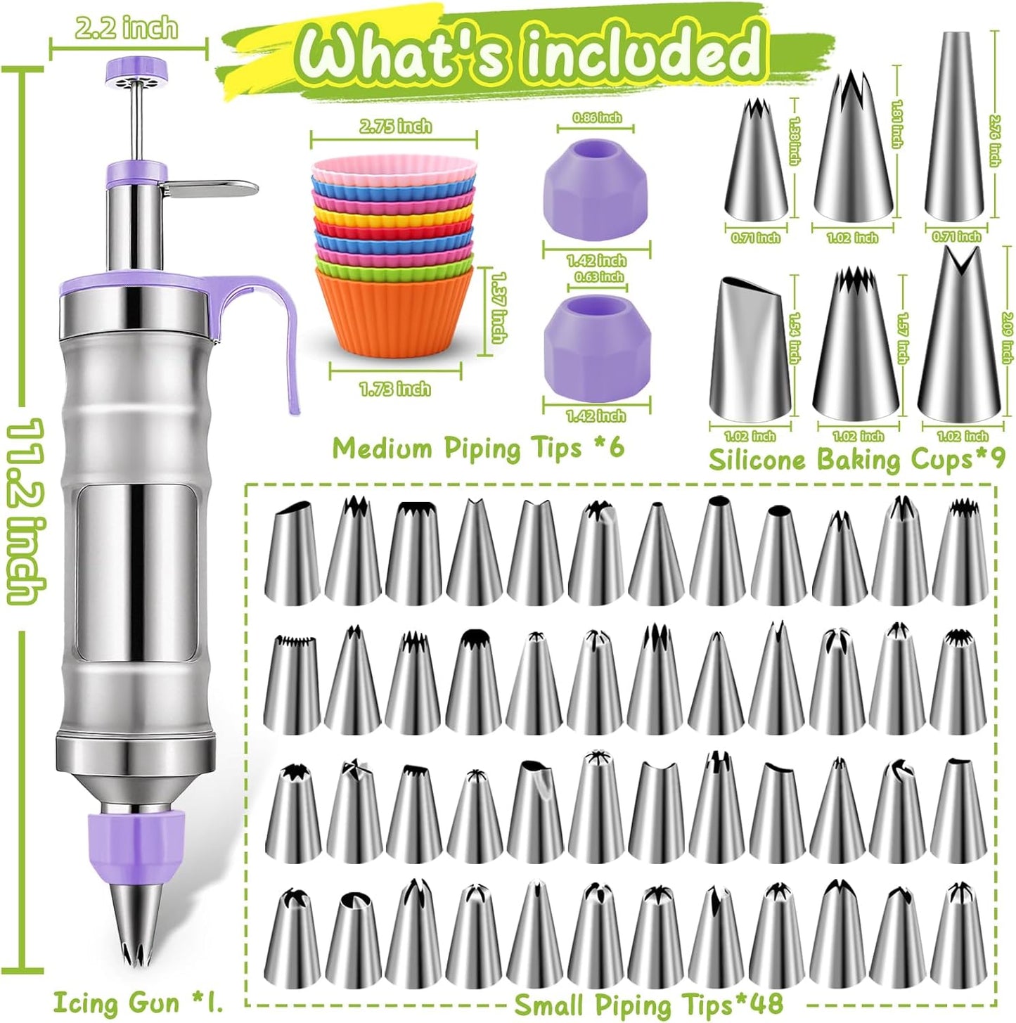 NOVANO Dessert Decorating Syringe Set, Frosting Piping Kit Stainless Steels Cake Decorating Kit with 54 Piping Tips & 9 silicone cupcakes, Cupcake Decorating Kit Piping Bags and Tips Set