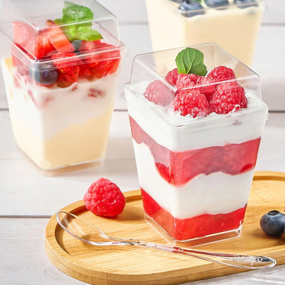 TOFLEN 50 Pack 5 oz Plastic Dessert Cups with High Lids for Party, Mini Dessert Cups with Spoons Dessert Shooter Cups for Yogurt Parfait, Appetizer, Pudding, Fruit and Ice Cream