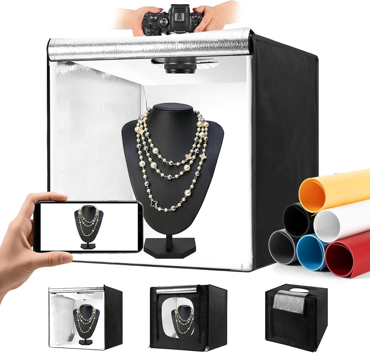 Photo Light Box, 12/16/20/24/32 Inch Photography Light Box with CRI>95 120 Light Beads. Dimmable Shooting Tent Kit with White and Warm Light. 6 Color Backdrops Photo Booth for Studio Products Display