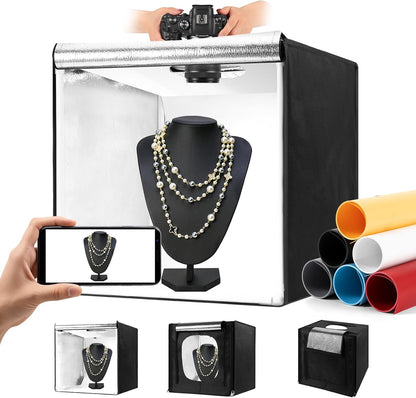 Photo Light Box, 12/16/20/24/32 Inch Photography Light Box with CRI>95 120 Light Beads. Dimmable Shooting Tent Kit with White and Warm Light. 6 Color Backdrops Photo Booth for Studio Products Display
