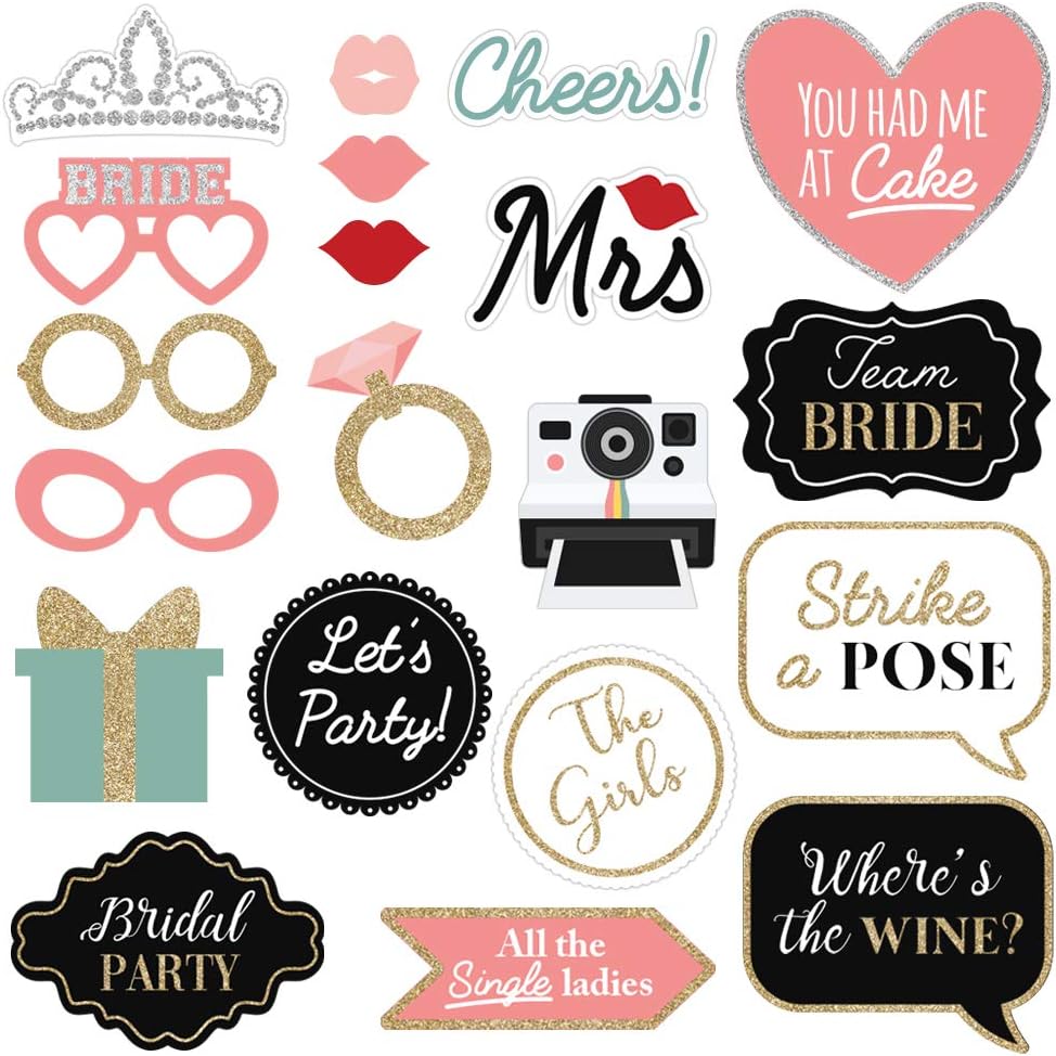 Fully Assembled Wedding Photo Booth Props - Set of 40 - Gold, Pink, Teal, & Silver Selfie Signs - Wedding Party Supplies & Decorations - Cute Designs with Real Glitter - Did We Mention No DIY