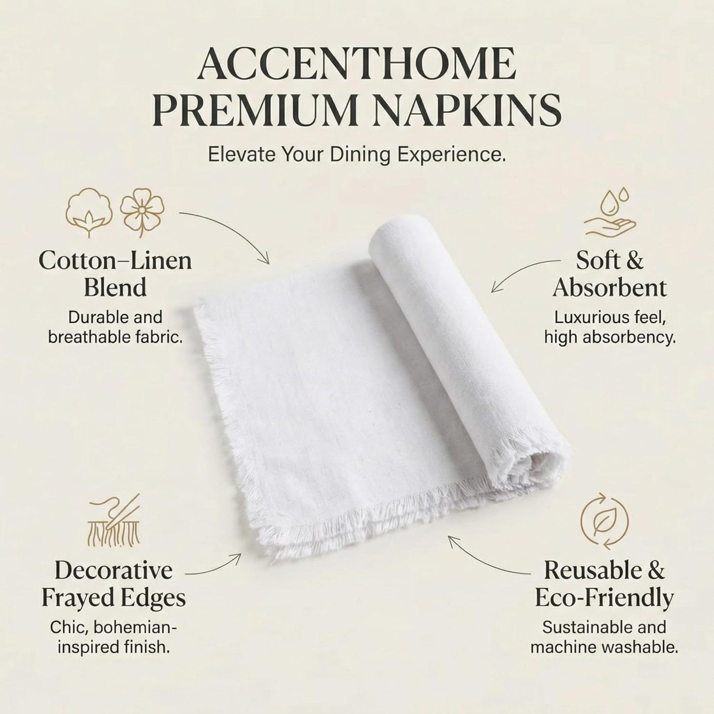 ACCENTHOME Natural Cotton Linen Napkin Set of 12 18x18 inch Dinner Napkins - Washable Soft Premium Hotel Quality Reusable Hemmed Edges Napkins Perfect Table Linens for Family Dinners, Weddings