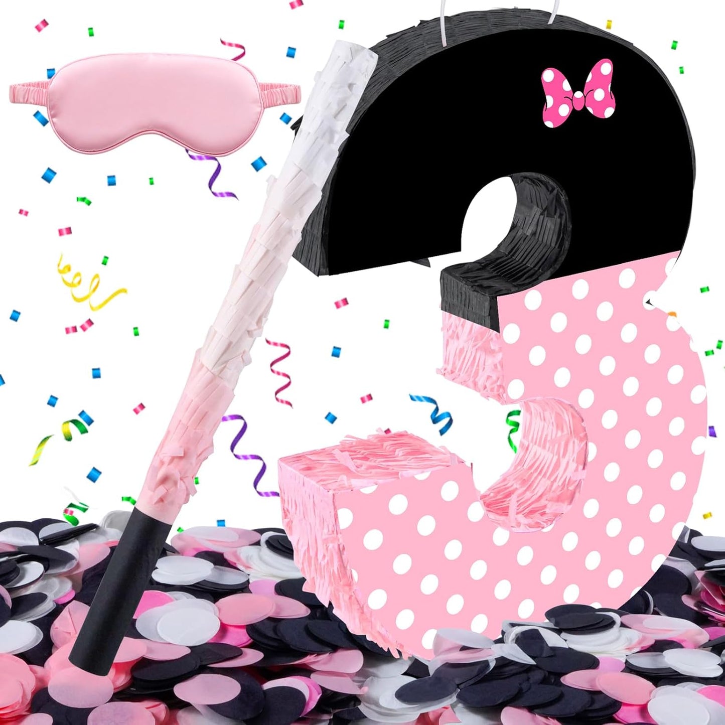 15.7 x 11.5 x 3 Inch Pink Bow Number 2 Pinata,Pink Bow Birthday Decorations, Fillable Hanging Piñata with Stick Blindfold Confetti for Girls Boys 2nd Anniversary Party Decorations