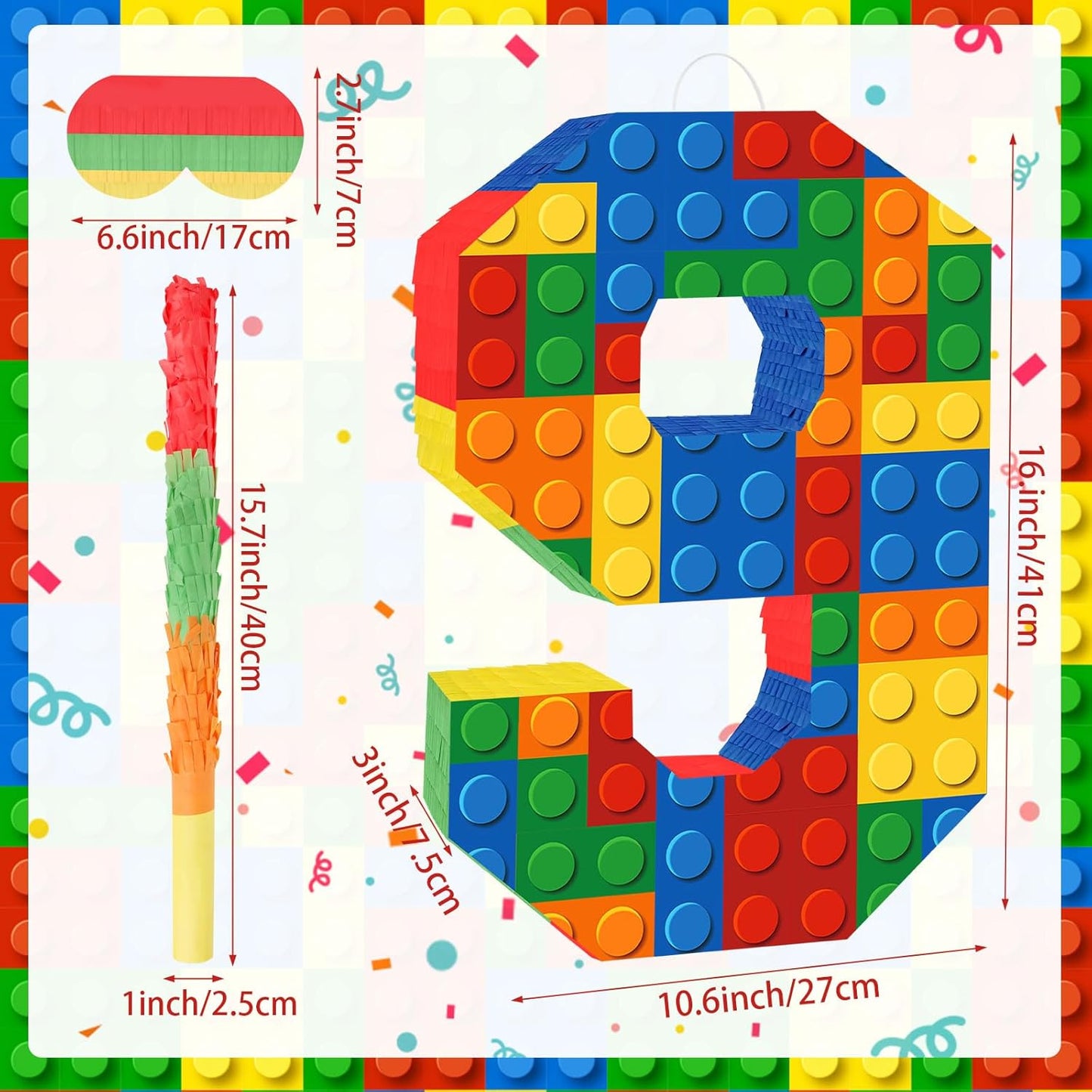 Number 7 Pinata Building Blocks with Pinata Stick Blindfold 7th Birthday Party Decorations Happy Birthday Building Block Theme Anniversary Party Supplies for Kids (Small, 16 x 10.6 x 3 in)