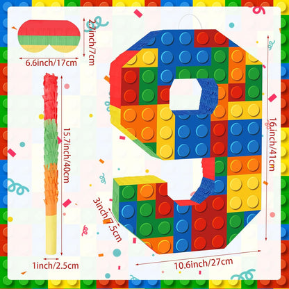 Number 7 Pinata Building Blocks with Pinata Stick Blindfold 7th Birthday Party Decorations Happy Birthday Building Block Theme Anniversary Party Supplies for Kids (Small, 16 x 10.6 x 3 in)