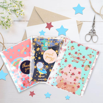 100 Pcs Star Printed 5"X 7" Gift Wrap Cello Cellophane Treat Bags Party Favor bags Clear Candy Cookie Bag Plastic Poly Goodie Storage Bag with Twist Ties for Bakery,Birthday, Wedding ,Party Decorations (Gold)