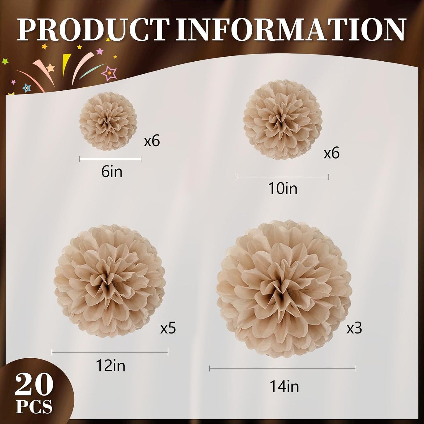 20 PCS Orange Tissue Paper Pom Poms, Tissue Pom Poms Flowers, Sizes of 6", 10", 12", 14" Hanging Paper Flower Ball for Wedding, Birthday, Halloween, Christmas, Baby Shower Party Decor