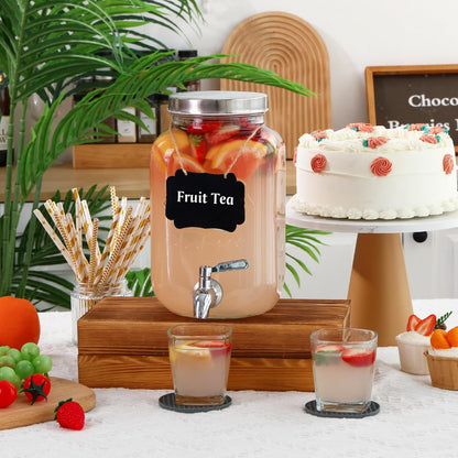 Bululuo Glass Drinks Dispenser for Parties, 2 PACK 1 Gallon Beverage Dispenser with Stand for Juice and Iced Tea, Water Jug Dispenser for Lemonade, Party Essential Beverage Pitcher with Spout
