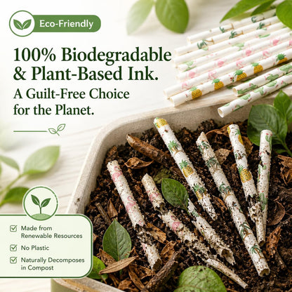 ALINK 100 Pack Tropical Paper Straws - 7.75" Biodegradable Hawaii Party Straws with Flamingo, Pineapple, Cactus & Coconut Tree Designs - Supplies for Luau, Beach Party, Birthday & Summer Cocktails