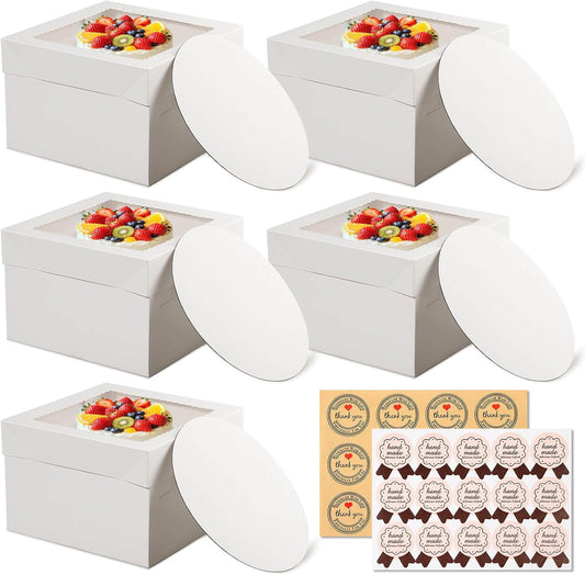 12 Pcs Cake Boxes 12 inch,12x12x8 Inches Cake Box with Window, 5 Pcs Tall 12x12 Cakes Boxes with 5 Pcs Cake Boards, Large Baking Boxes, White Square Cakes Containers for Multi-Layer Cakes