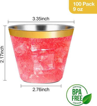 Goodluck 100PCS 9oz Gold Plastic Cups for Party, Disposable Gold Rim Cups, Plastic Cocktail Glasses for Wedding Thanksgiving, Christmas, and Parties