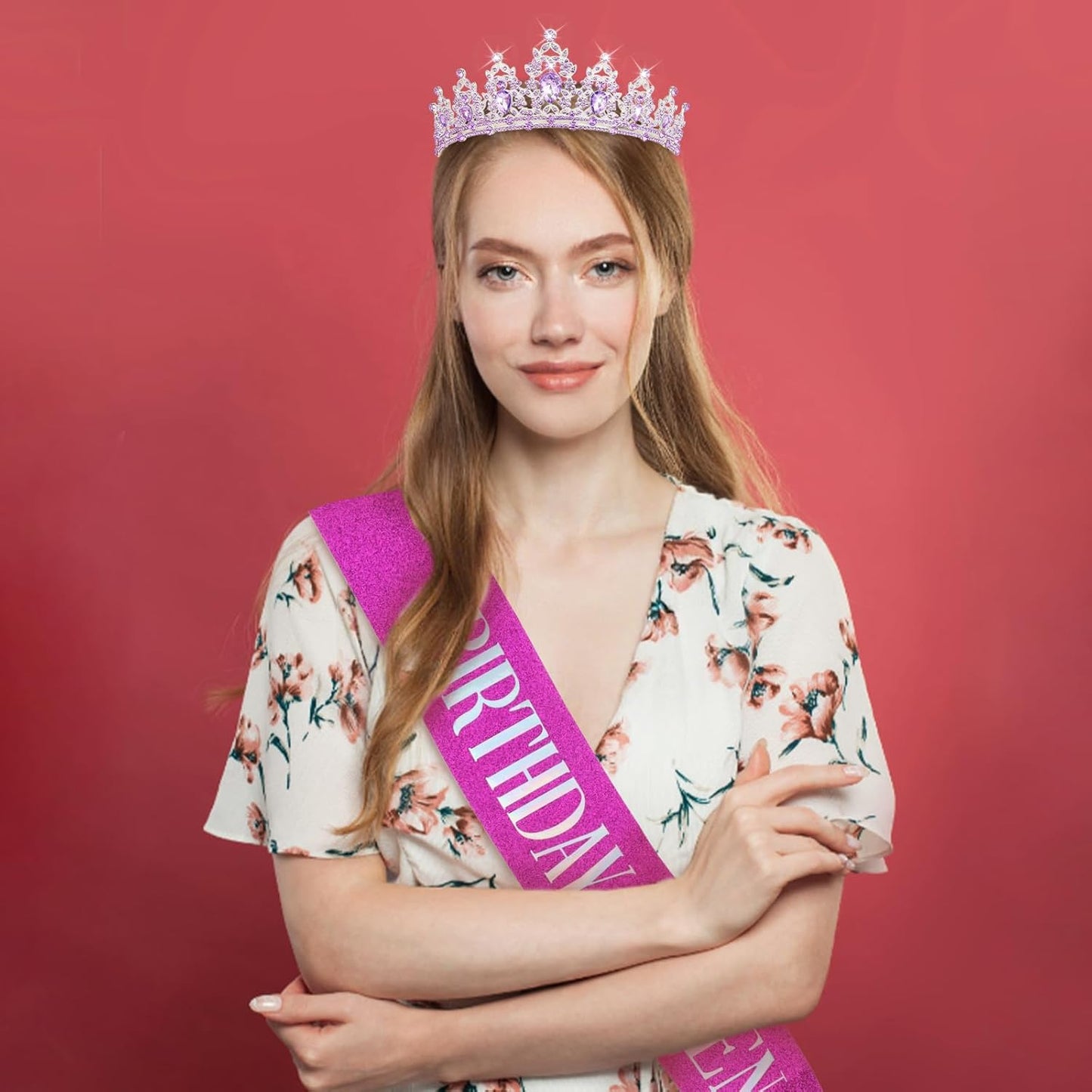 CAVETEE Red Black Birthday Crown and Sash for Women Sash & Rhinestone Tiara Set Red and Black Party Decorations Birthday Queen Crowns Tiaras for Women