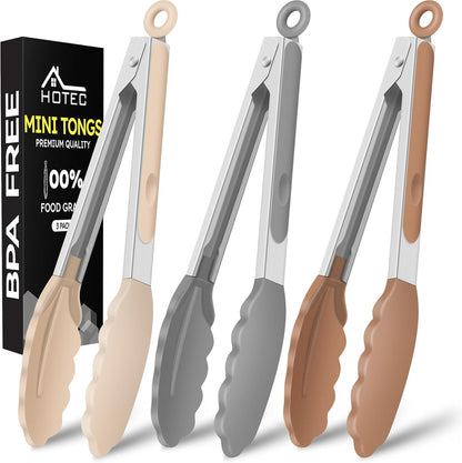 Hotec Mini Silicone Kitchen Tongs for Cooking - 7-Inch Small Serving Tongs with Silicone Tips, Set of 3 (Blue)