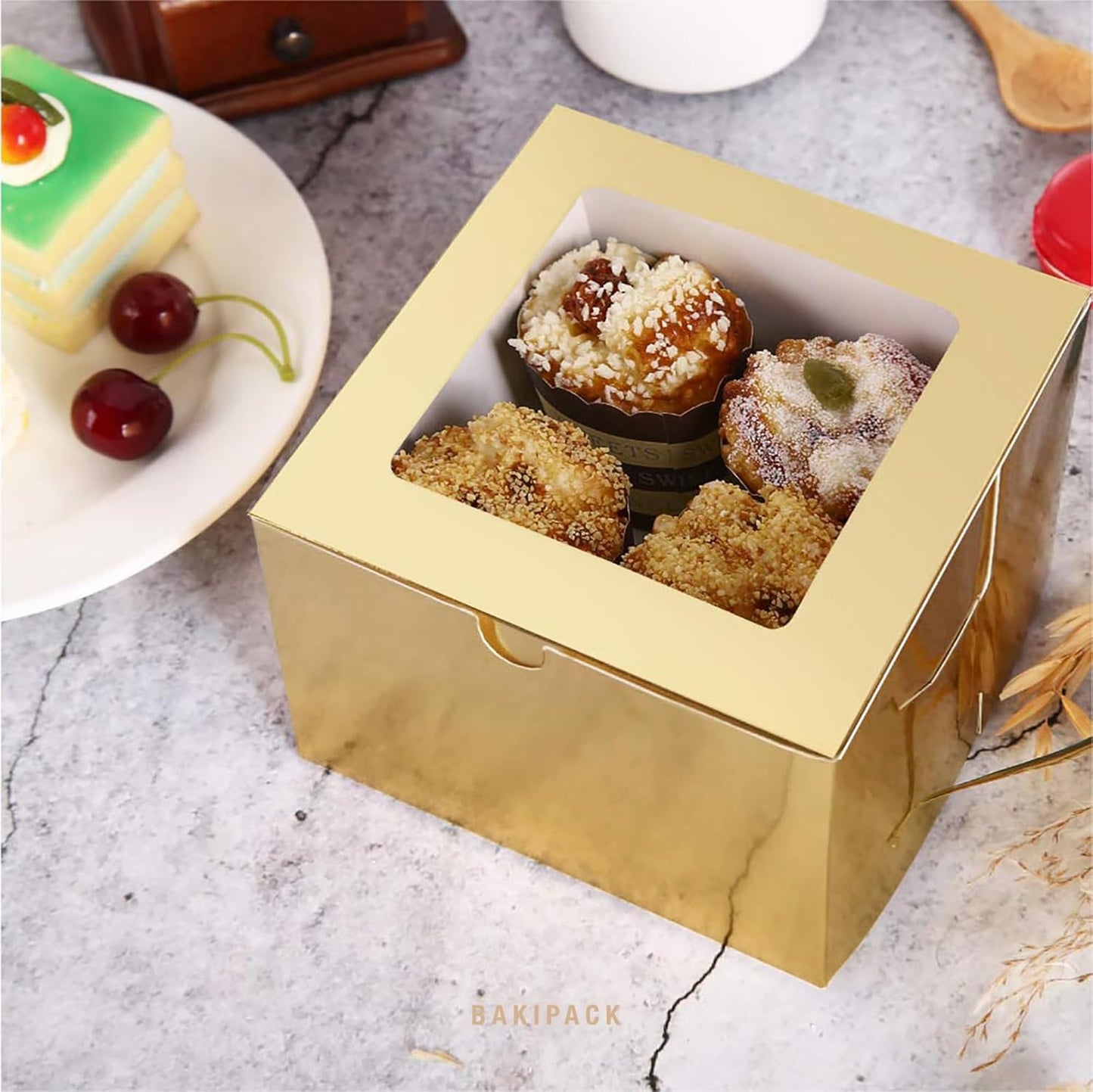 25 Gold Bakery Boxes with Window, 6x6x4 Inches Cake Boxes with Window, Treat Boxes for Small Bakery, Dessert, Candy, Cookies, Pastry, Party Favors, Wedding Cake